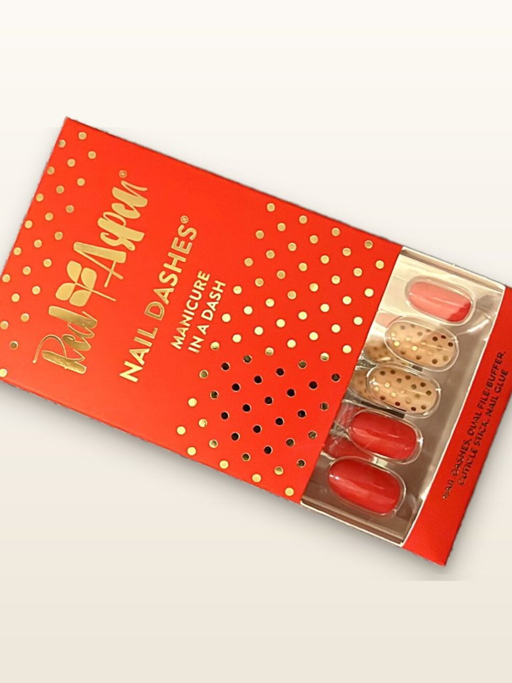 Red Aspen Press-On Nails | Coral Polka Dot | Medium Oval | Brand New in Box